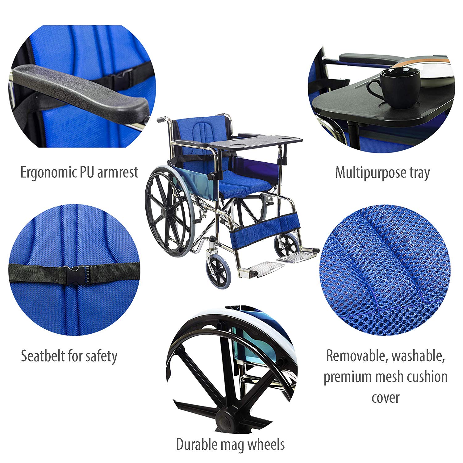Buy Kosmocare Foldable Dura Mag Wheelchair With Soft Cushion & Seat Belt  For Additional Comfort-Blue at lowest price