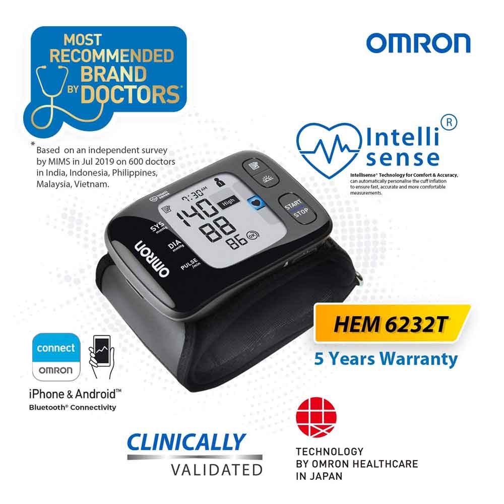 Omron HEM 6232T Arm Wrist Blood Pressure Monitor (Black) Bluetooth  Connectivity